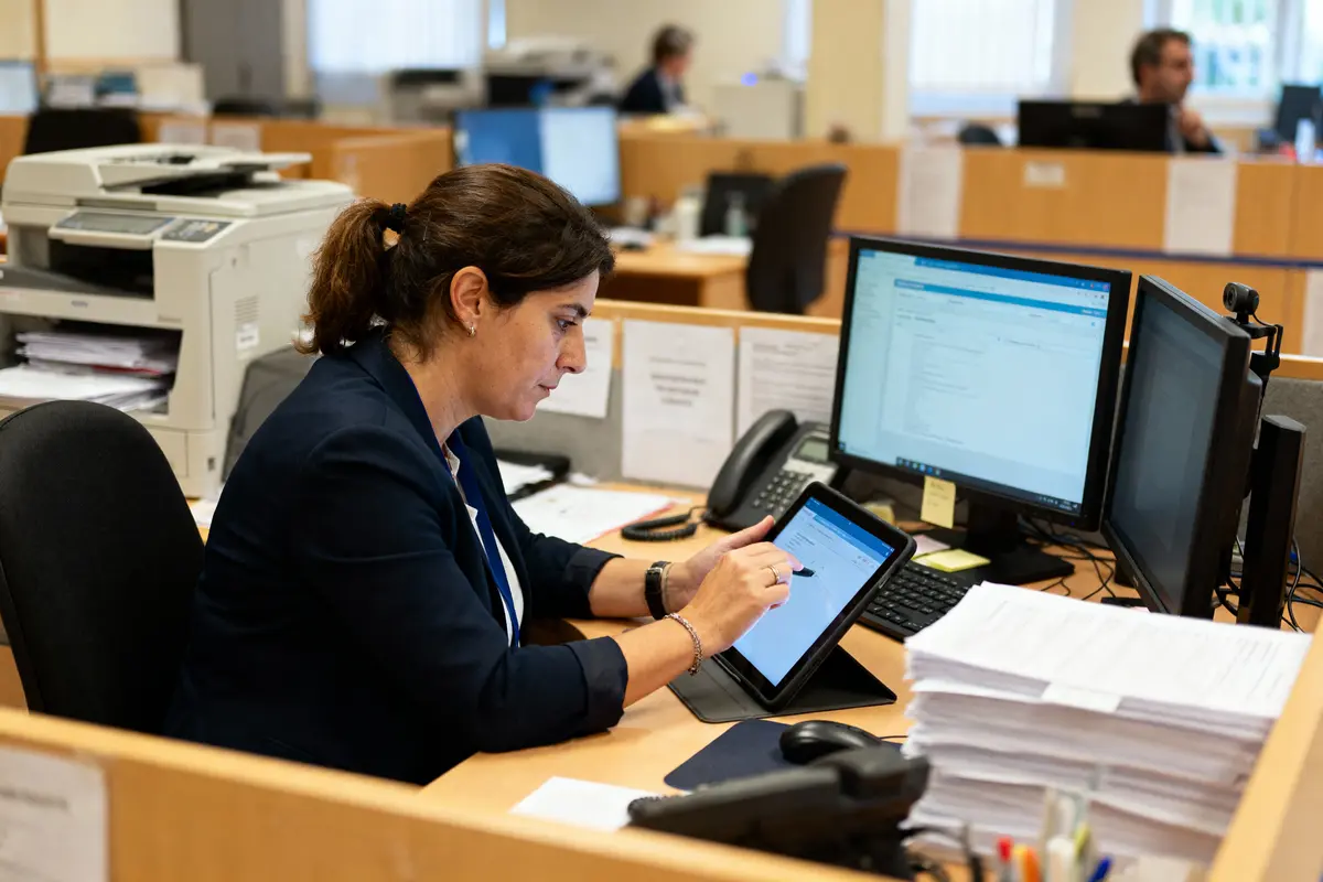 Agente municipale au travail devant son écran de suivi